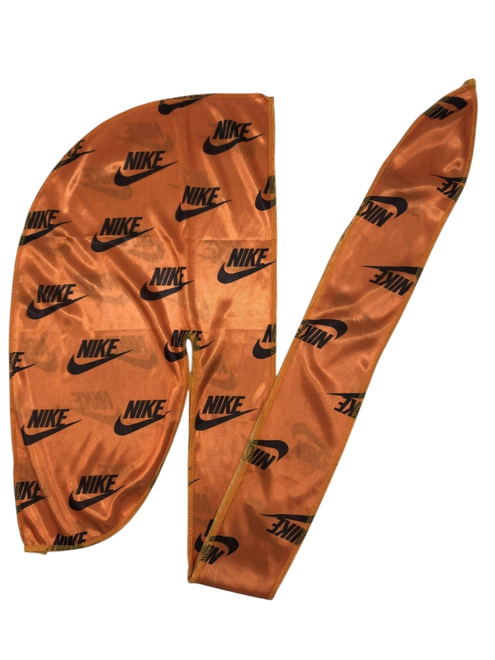 High Quality Silky Orange Satin Durag with Black Swoosh Pattern